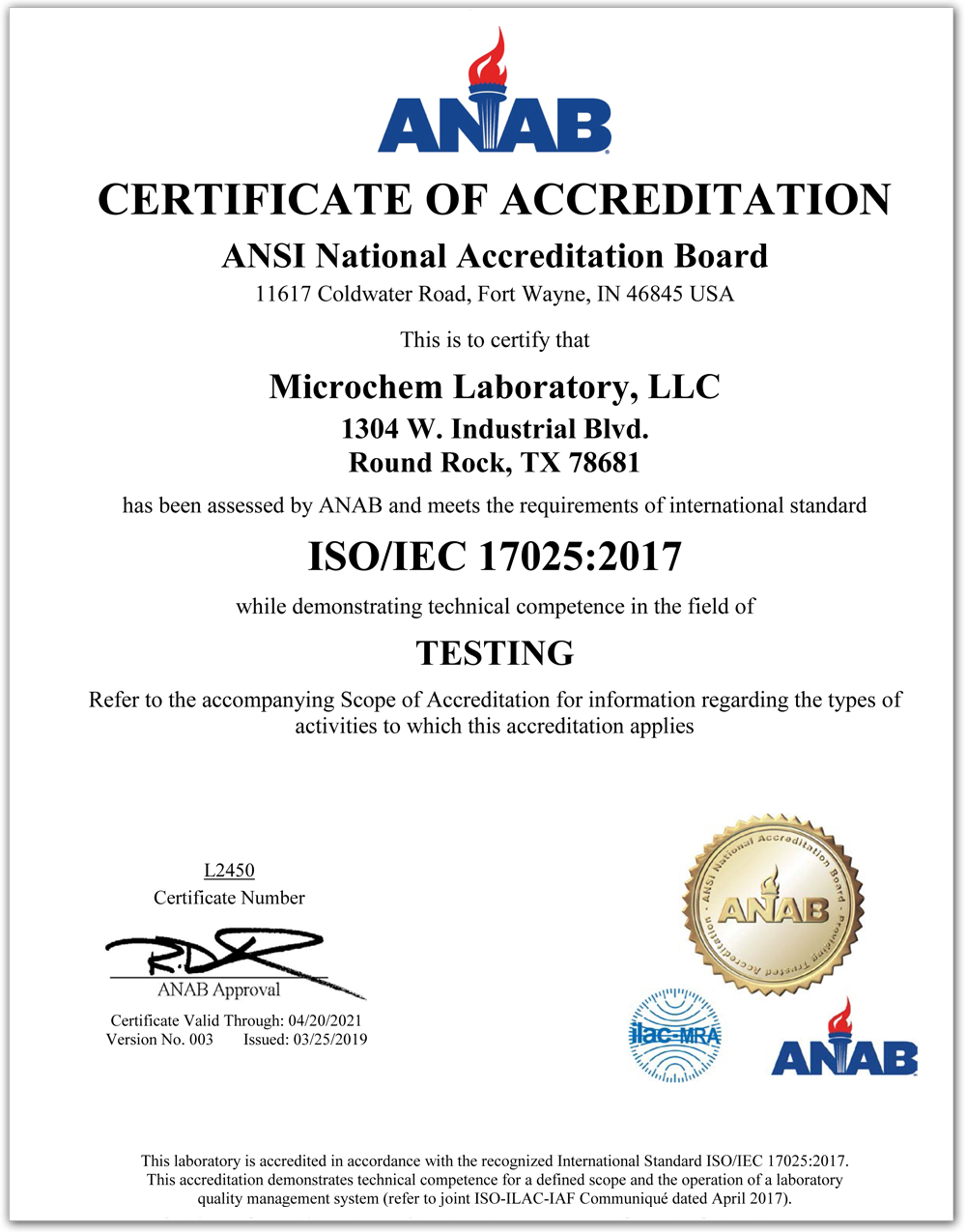 Microchem Laboratory ISO 17025 Accreditation